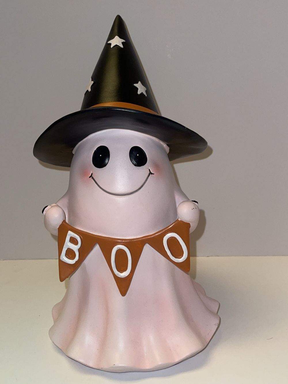 Cute Pink Ghost 'BOO' Halloween Figurine with Black Witch Hat